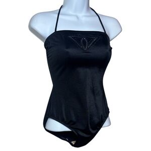 Vintage Swimsuit Pin Up Hollywood Style Sexy Modest Floral Cut Out Black Size 8